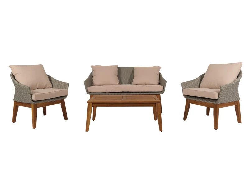 Salon de jardin canapé fauteuils et table en poly rotin et bois d'acacia avec coussins beige 04_0008322