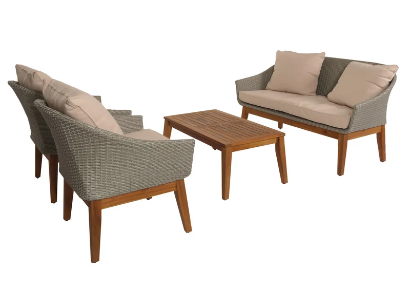 Salon de jardin canapé fauteuils et table en poly rotin et bois d'acacia avec coussins beige 04_0008322