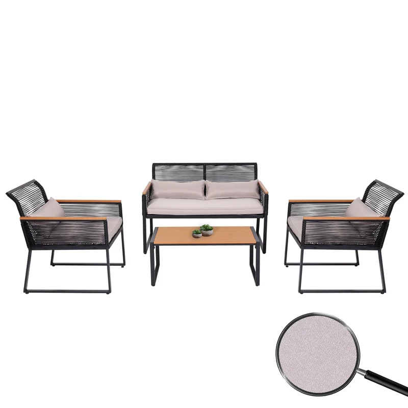 Salon de jardin canapé fauteuils et table inclus coussins revêtement en acier gris clair 04_0008309