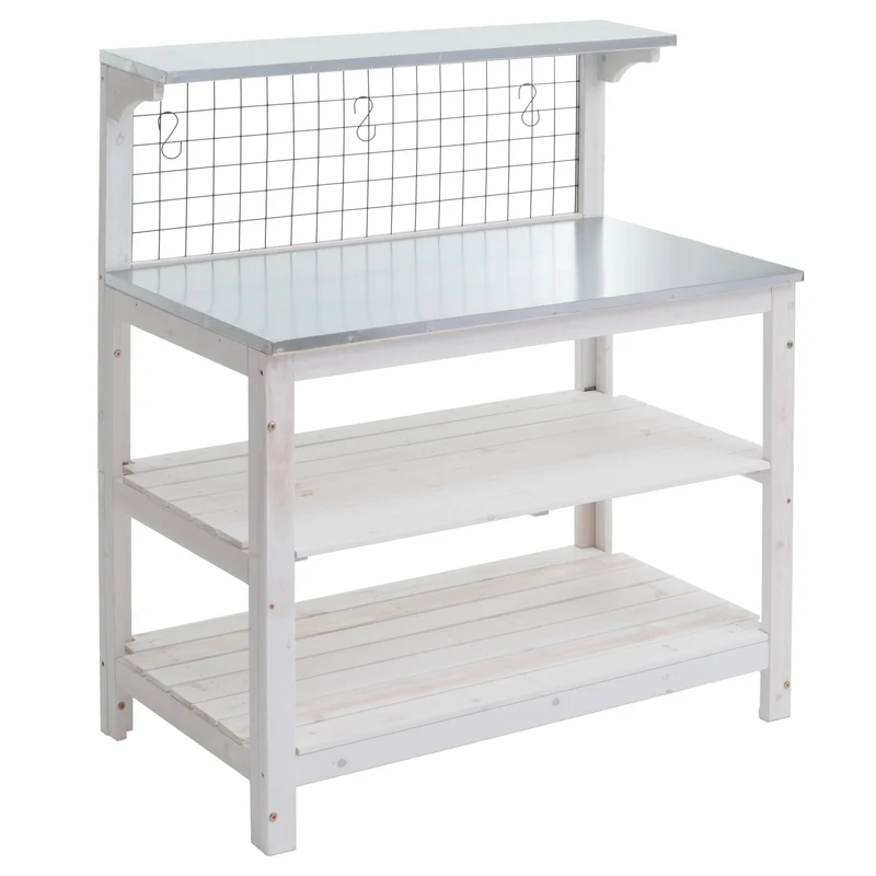 Table à plantes jardin avec 4 étagères mur grillagé en bois 117x102x56 cm blanc 04_0008569