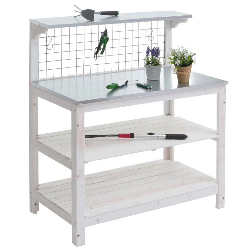 Table à plantes jardin avec 4 étagères mur grillagé en bois 117x102x56 cm blanc 04_0008569