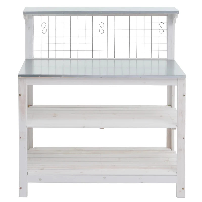 Table à plantes jardin avec 4 étagères mur grillagé en bois 117x102x56 cm blanc 04_0008569