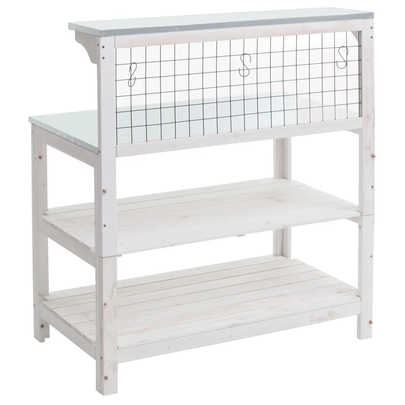 Table à plantes jardin avec 4 étagères mur grillagé en bois 117x102x56 cm blanc 04_0008569