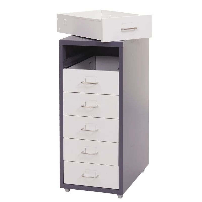 Caisson à tiroirs armoire de bureau 69x28x41 cm 6 tiroirs en acier gris foncé blanc 04_0008260