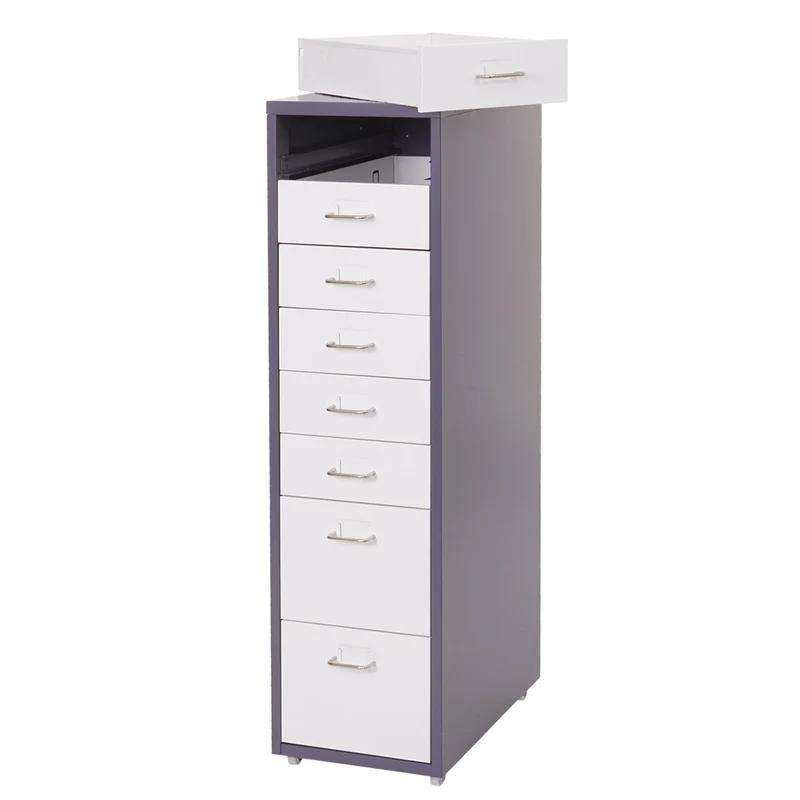 Caisson à tiroirs armoire d bureau 110x28x41 cm 8 tiroirs en acier gris foncé blanc 04_0008258