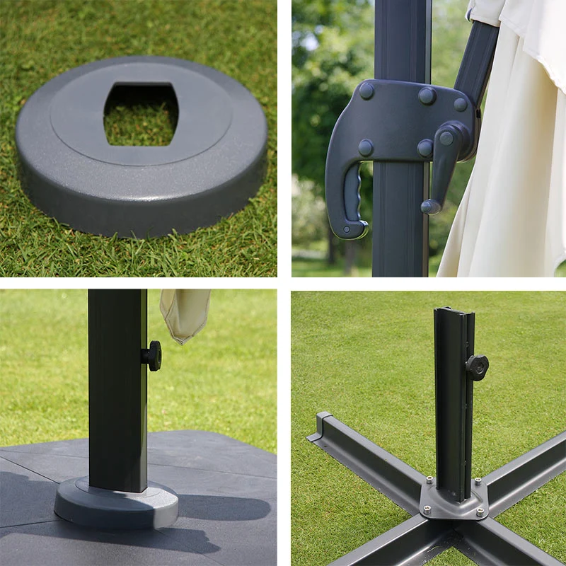 Parasol déporté suspendu avec pied en croix 3 x 3m polyester aluminium acier crème avec pieds 04_0007969