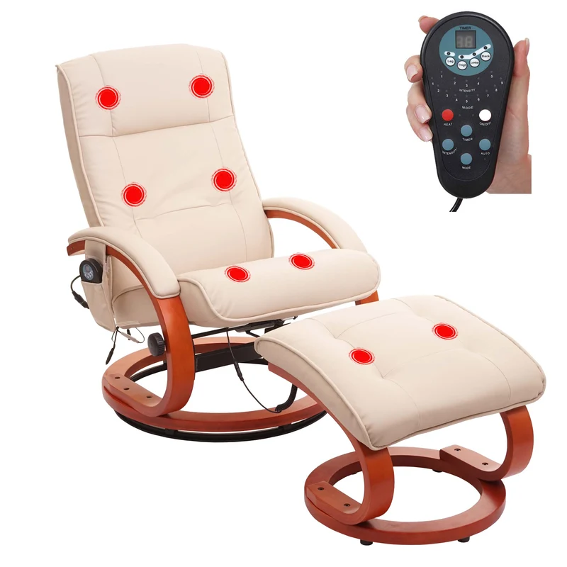 Fauteuil TV pivotant avec repose-pieds fonction massage en PVC blanc-crème 04_0006870