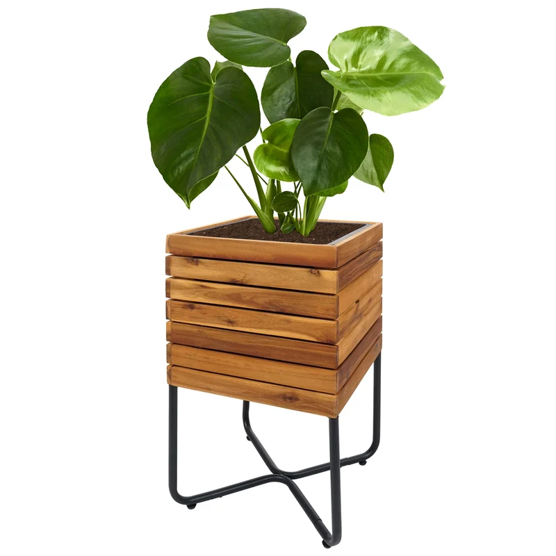 Jardinière cache-pot carré 60 x 33 x 33 cm pour extérieur acier et bois d'acacia marron 04_0007221