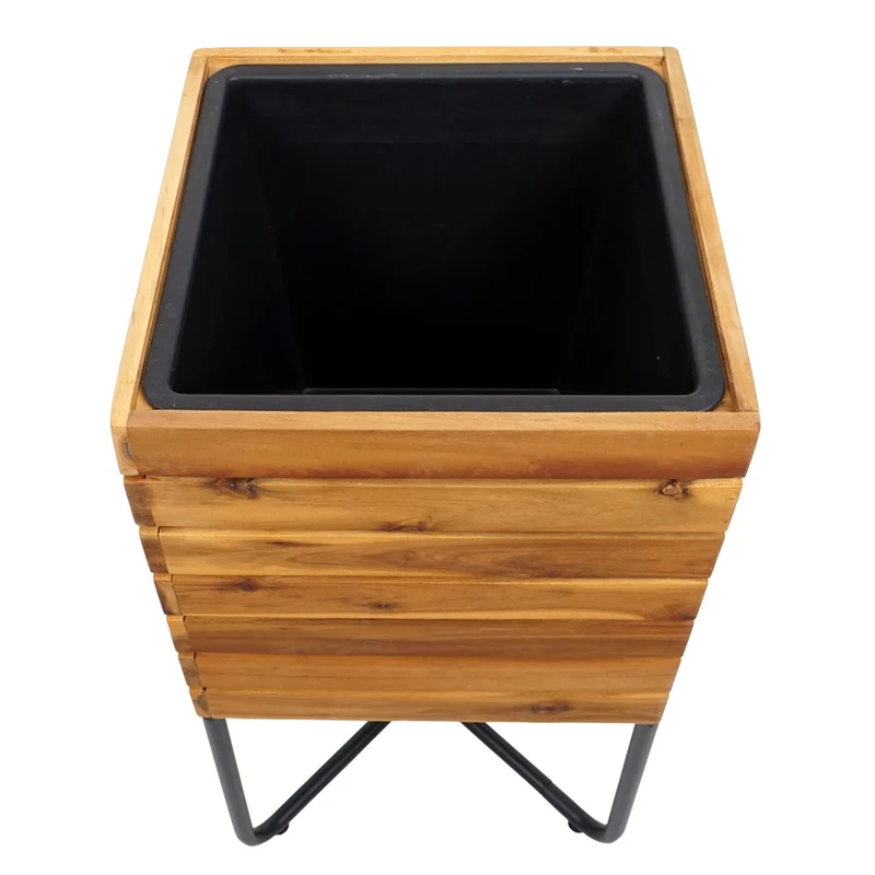 Jardinière cache-pot carré 60 x 33 x 33 cm pour extérieur acier et bois d'acacia marron 04_0007221