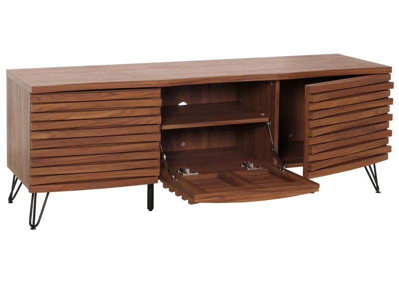 Meuble avec deux portes et un abattant 4 compartiments de rangement 52x142x44 cm bois de manguier aspect noyer 04_0007872