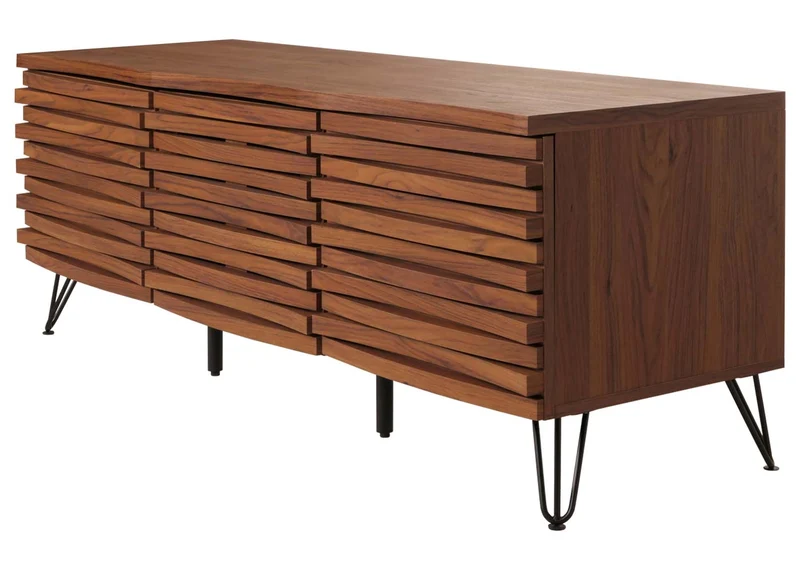 Meuble avec deux portes et un abattant 4 compartiments de rangement 52x142x44 cm bois de manguier aspect noyer 04_0007872