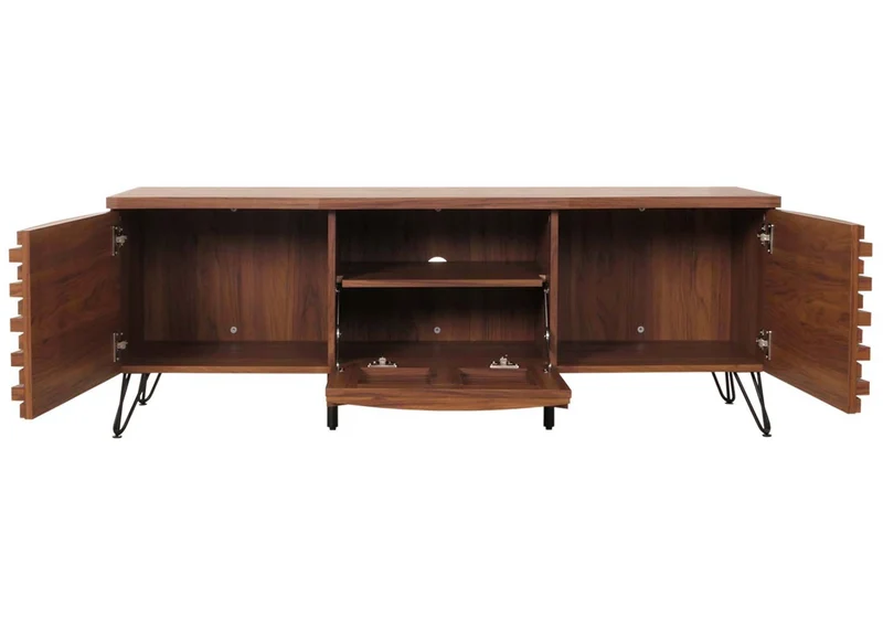 Meuble avec deux portes et un abattant 4 compartiments de rangement 52x142x44 cm bois de manguier aspect noyer 04_0007872