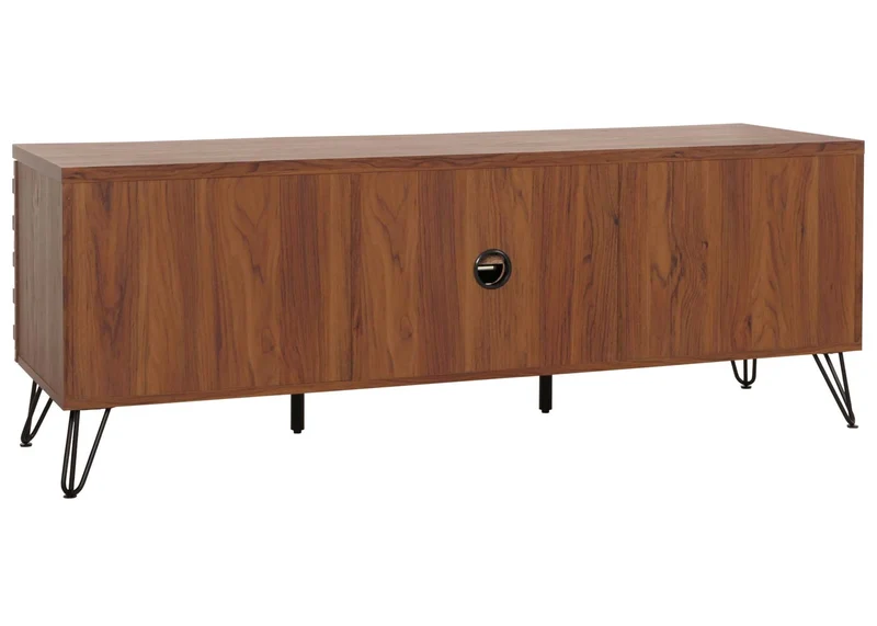 Meuble avec deux portes et un abattant 4 compartiments de rangement 52x142x44 cm bois de manguier aspect noyer 04_0007872