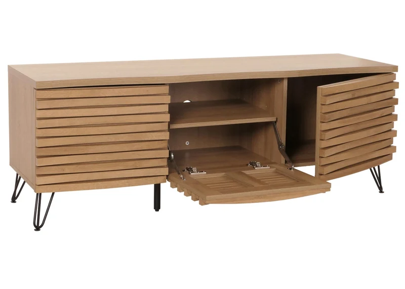 Meuble avec deux portes et un abattant 4 compartiments de rangement 52x142x44 cm bois de manguier aspect naturel 04_0007871
