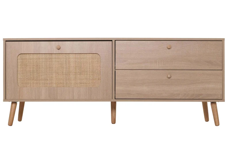 Meuble TV avec deux tiroirs et une porte 56 x 140 x 41 cm rotin et MDF aspect chêne 04_0007864