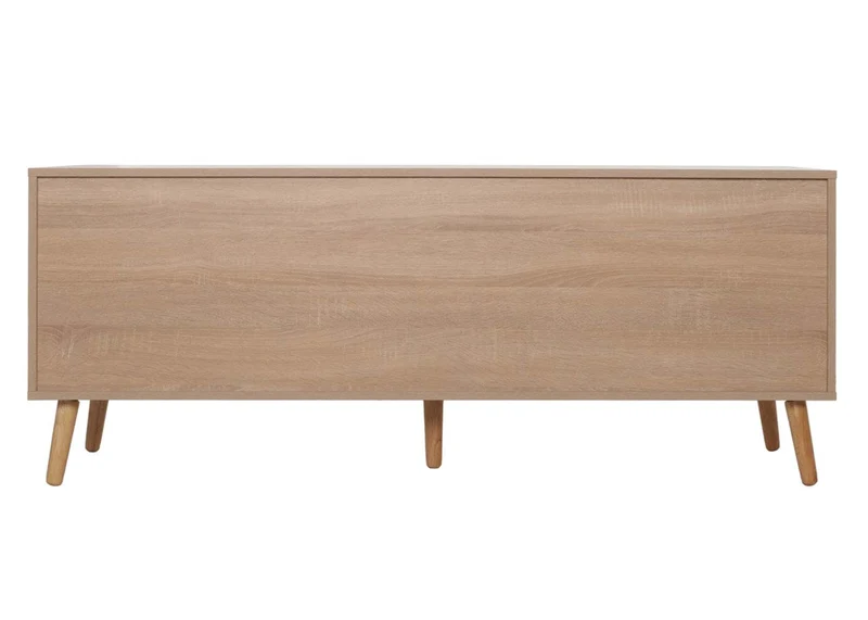 Meuble TV avec deux tiroirs et une porte 56 x 140 x 41 cm rotin et MDF aspect chêne 04_0007864