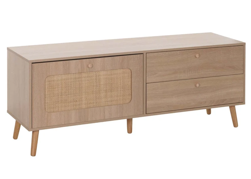 Meuble TV avec deux tiroirs et une porte 56 x 140 x 41 cm rotin et MDF aspect chêne 04_0007864