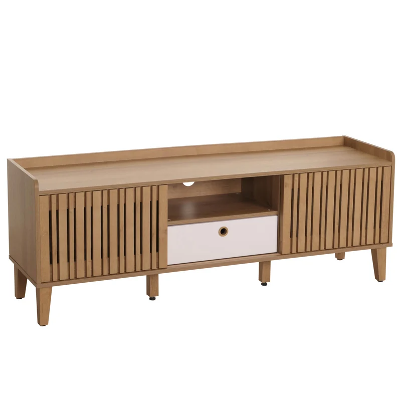 Meuble TV porte coulissante 3 compartiments de rangement bois de manguier 56 x 150 x 40 cm tiroir blanc 04_0007870