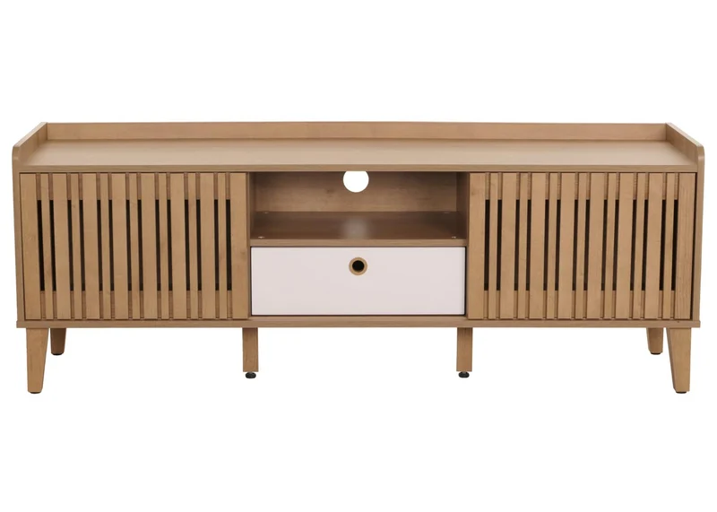Meuble TV porte coulissante 3 compartiments de rangement bois de manguier 56 x 150 x 40 cm tiroir blanc 04_0007870