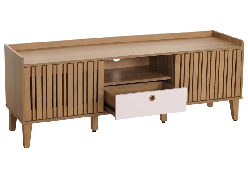 Meuble TV porte coulissante 3 compartiments de rangement bois de manguier 56 x 150 x 40 cm tiroir blanc 04_0007870