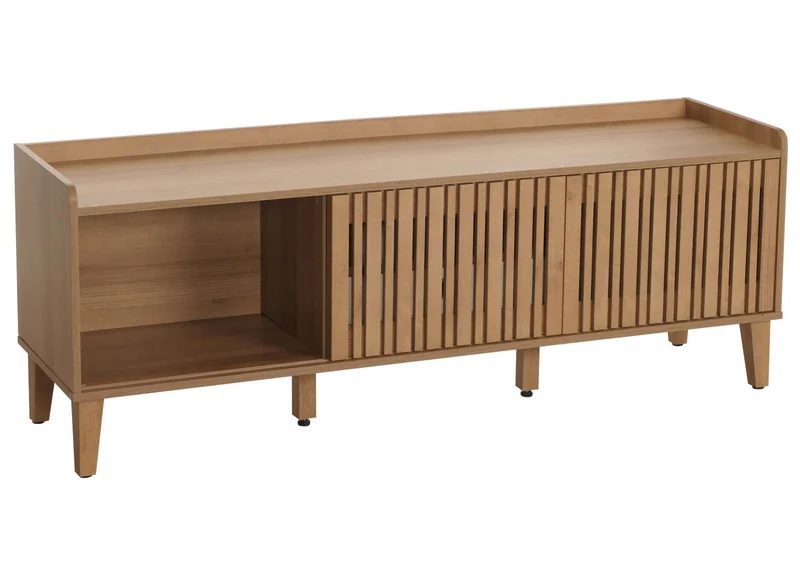 Meuble TV porte coulissante 3 compartiments de rangement bois de manguier 56 x 150 x 40 cm tiroir blanc 04_0007870