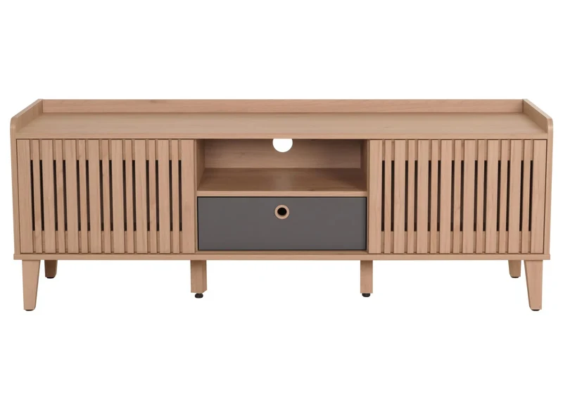 Meuble TV porte coulissante 3 compartiments de rangement bois de manguier 56 x 150 x 40 cm tiroir gris 04_0007869
