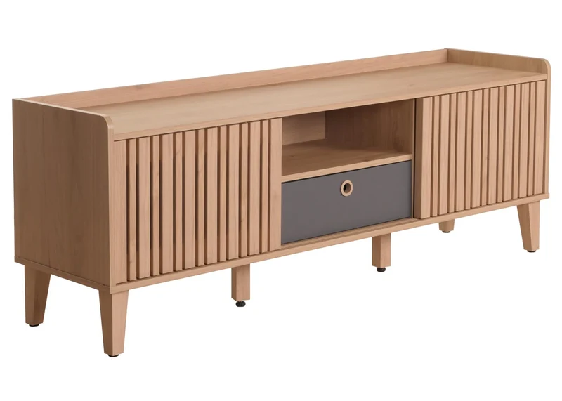 Meuble TV porte coulissante 3 compartiments de rangement bois de manguier 56 x 150 x 40 cm tiroir gris 04_0007869