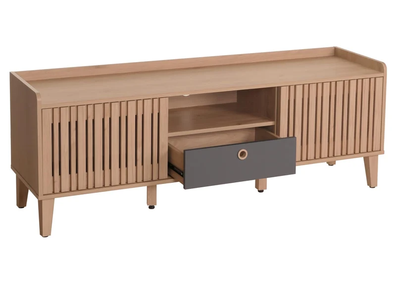 Meuble TV porte coulissante 3 compartiments de rangement bois de manguier 56 x 150 x 40 cm tiroir gris 04_0007869