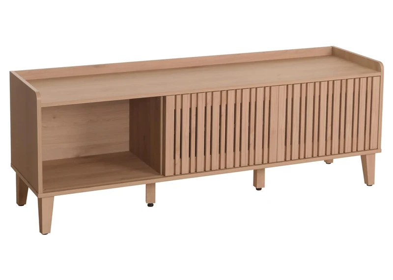 Meuble TV porte coulissante 3 compartiments de rangement bois de manguier 56 x 150 x 40 cm tiroir gris 04_0007869