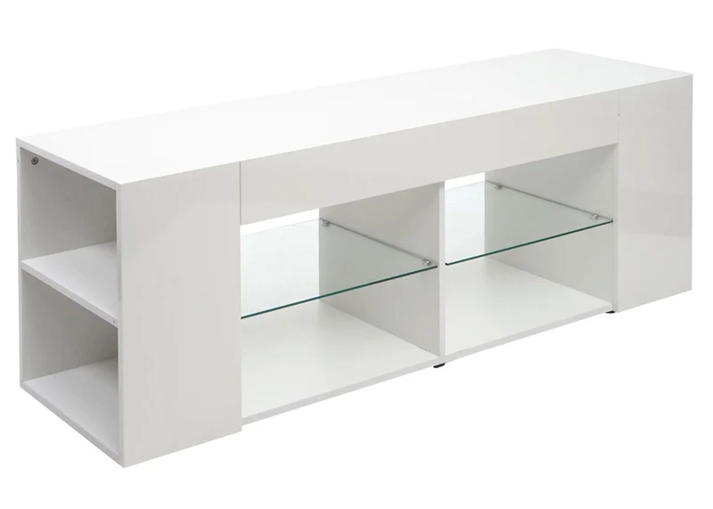 Meuble TV avec 2 étagères en verre 50 x 144 x 40 cm compartiment de rangement blanc brillant 04_0007857