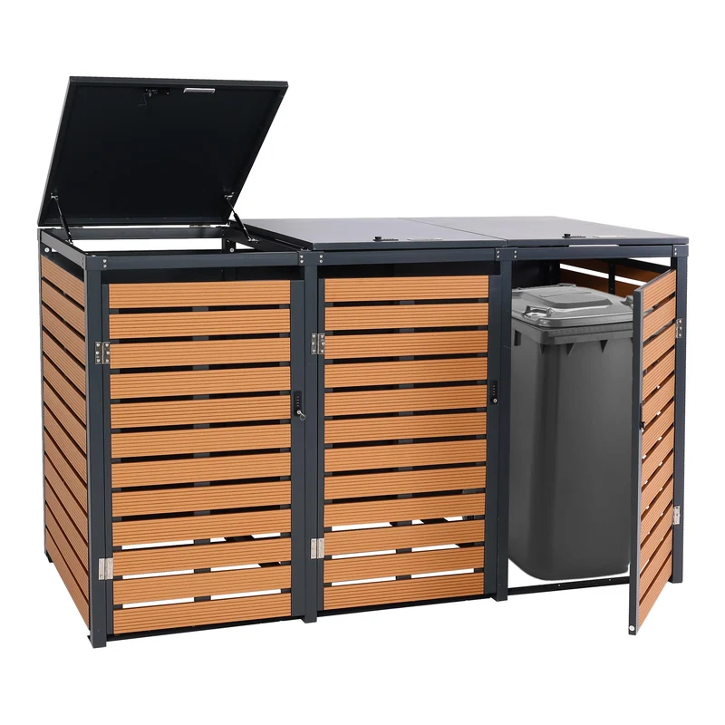 Abris poubelles 3 compartiments 119 x 205 x 84 cm wpc métal 109kg aspect teck 04_0008241