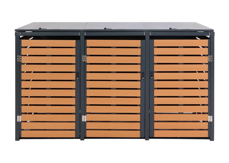 Abris poubelles 3 compartiments 119 x 205 x 84 cm wpc métal 109kg aspect teck 04_0008241