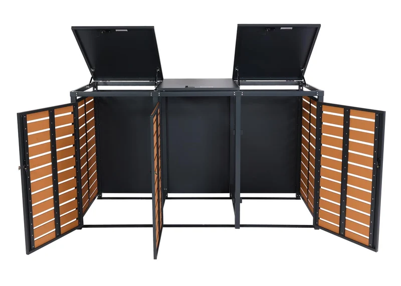 Abris poubelles 3 compartiments 119 x 205 x 84 cm wpc métal 109kg aspect teck 04_0008241