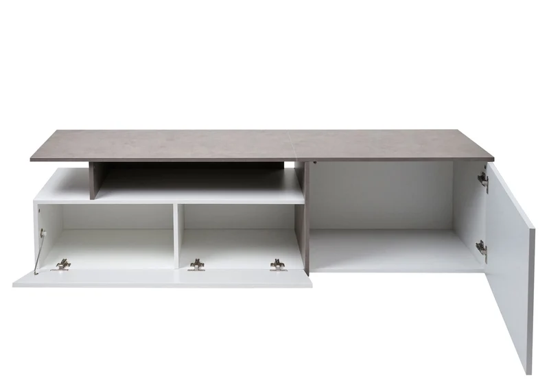Meuble TV avec deux grands compartiments de rangement avec portes 45x161x40 cm MDF aspect béton blanc 04_0007855