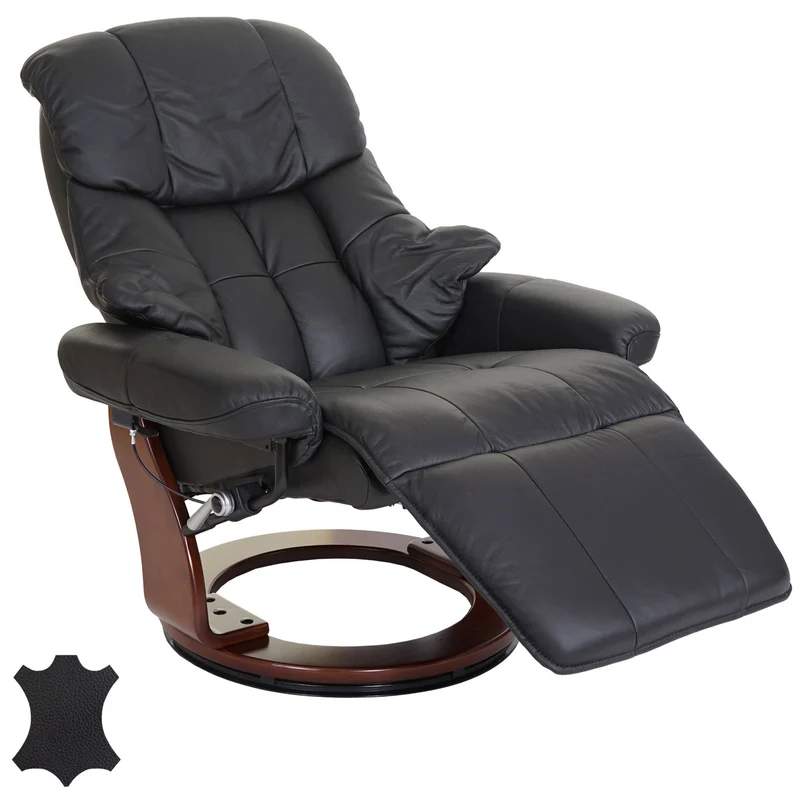Fauteuil TV de relaxation pivotant avec repose-pieds ajustable en cuir véritable noir cadre en bois aspect noyer 04_0007815