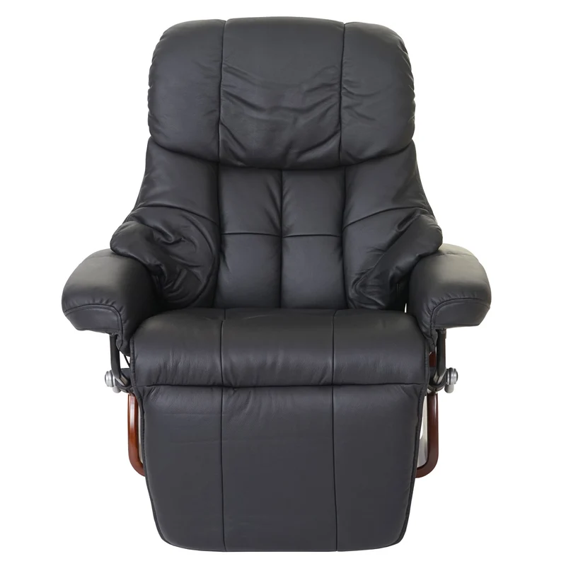 Fauteuil TV de relaxation pivotant avec repose-pieds ajustable en cuir véritable noir cadre en bois aspect noyer 04_0007815