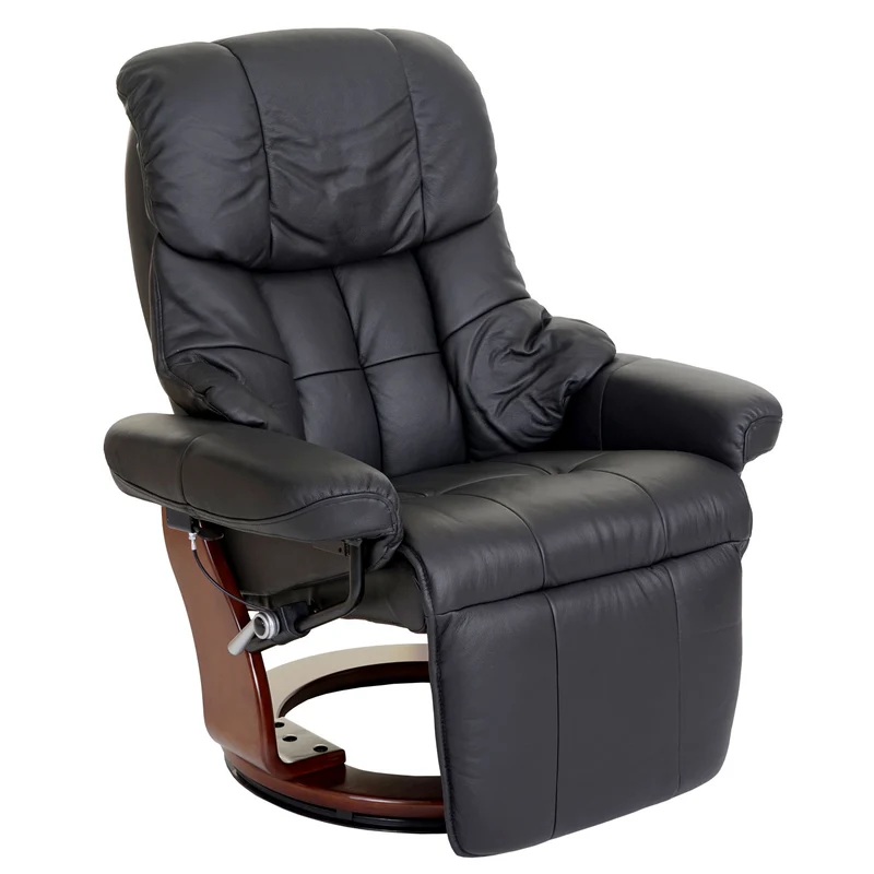 Fauteuil TV de relaxation pivotant avec repose-pieds ajustable en cuir véritable noir cadre en bois aspect noyer 04_0007815