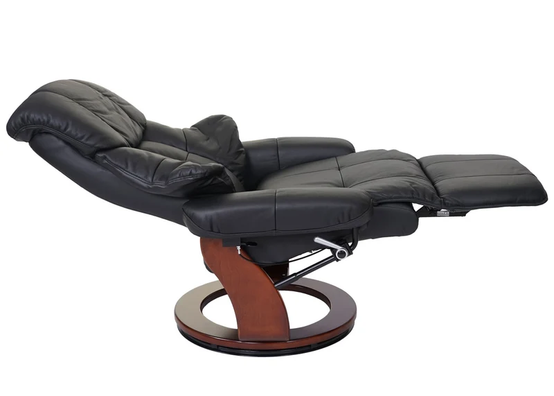 Fauteuil TV de relaxation pivotant avec repose-pieds ajustable en cuir véritable noir cadre en bois aspect noyer 04_0007815