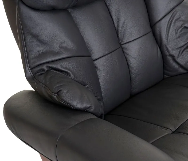 Fauteuil TV de relaxation pivotant avec repose-pieds ajustable en cuir véritable noir cadre en bois aspect noyer 04_0007815