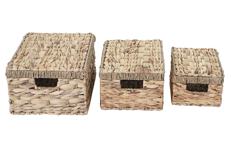 Lot de 3 boîtes de rangement avec couvercle en jacinthe d'eau coloris naturel 04_0007499