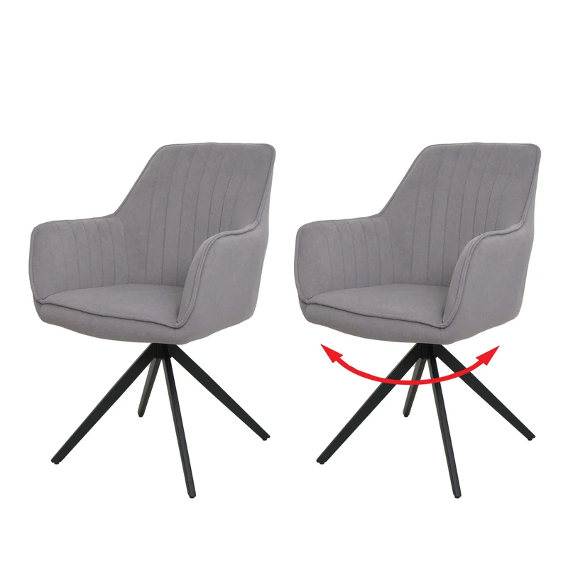 Lot de 2 chaises de salle à manger avec accoudoirs siège rotatif en tissu gris clair cadre en acier noir 04_0007371