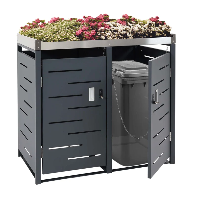 Abris poubelles verrouillable avec bac à plantes acier inoxydable et métal 110x115x62 cm 04_0008228