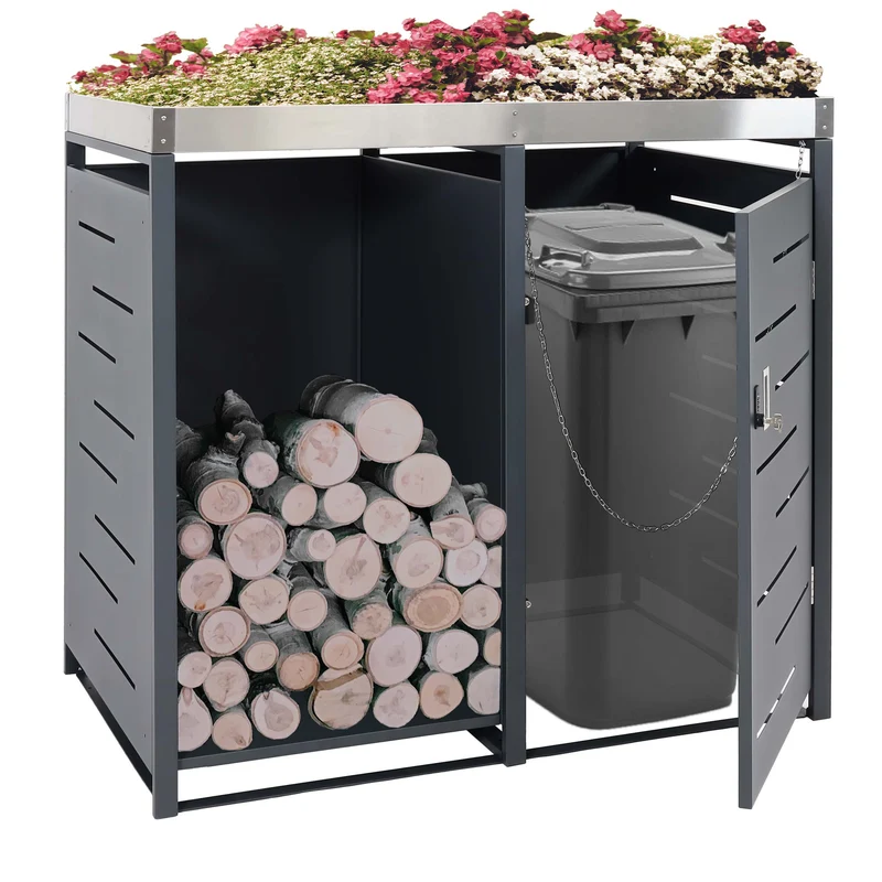 Abris poubelle 1 pièce avec stockage de bois de chauffage et bac à fleurs verrouillable 125 x 130 x 80 cm 45kg en métal anthracite 04_0008223