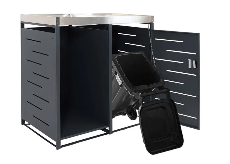 Abris poubelle 1 pièce avec stockage de bois de chauffage et bac à fleurs verrouillable 125 x 130 x 80 cm 45kg en métal anthracite 04_0008223