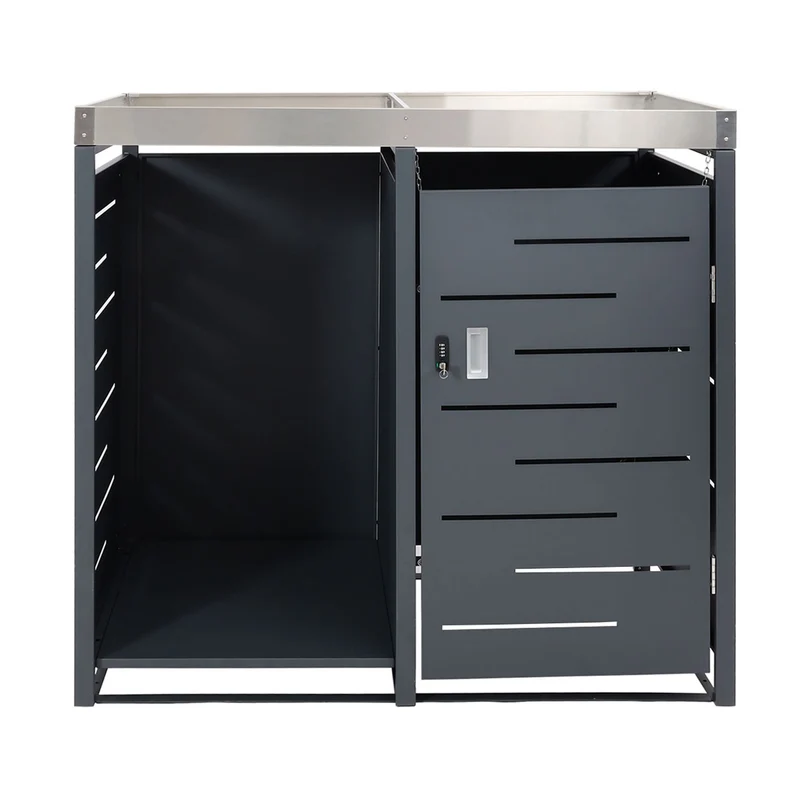 Abris poubelle 1 pièce avec stockage de bois de chauffage et bac à fleurs verrouillable 125 x 130 x 80 cm 45kg en métal anthracite 04_0008223