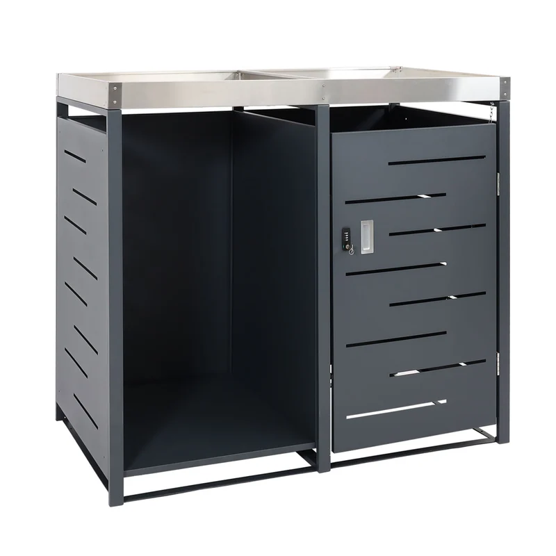 Abris poubelle 1 pièce avec stockage de bois de chauffage et bac à fleurs verrouillable 125 x 130 x 80 cm 45kg en métal anthracite 04_0008223