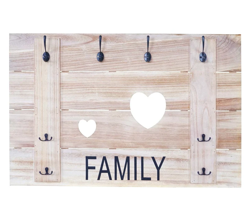 Porte-manteau mural family panneau avec 8 crochets 60 x 90 cm design vintage bois marron naturel 04_0008175