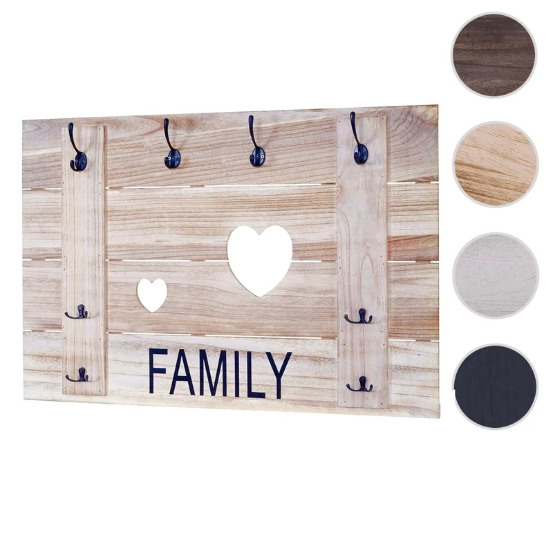Porte-manteau mural family panneau avec 8 crochets 60 x 90 cm design vintage bois marron naturel 04_0008175