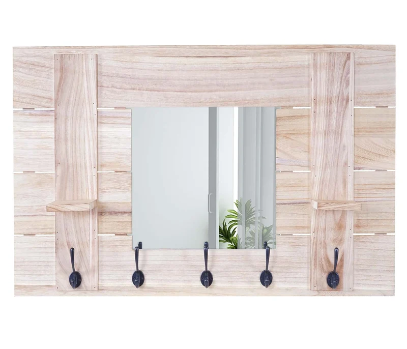 1x portemanteau mural miroir design vintage avec 5 crochets 90 x 60 cm marron naturel 04_0008172