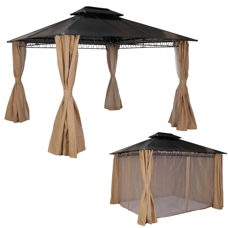 1x pergola avec toit et 4x parois latérales + moustiquaire structure en acier stable tissu crème 04_0008138